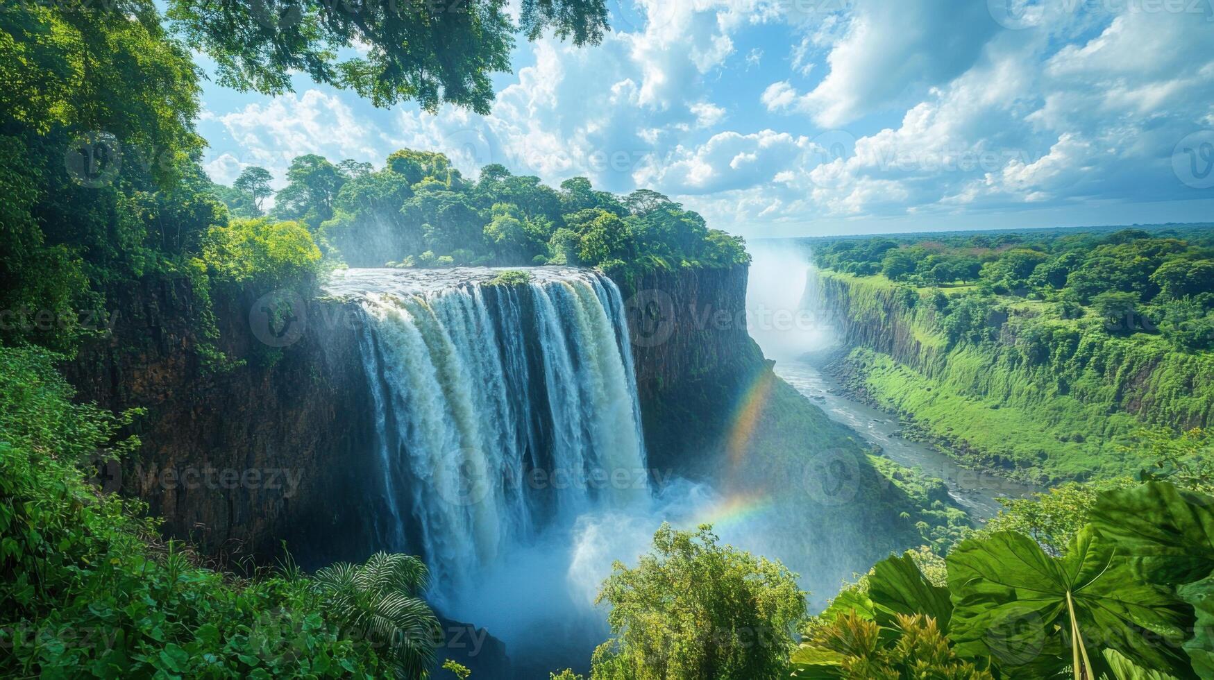Waterfalls flow down cliff. Green plants grow around. Water river flows through trees. Blue sky has white clouds. Rainbow shines through the water. photo
