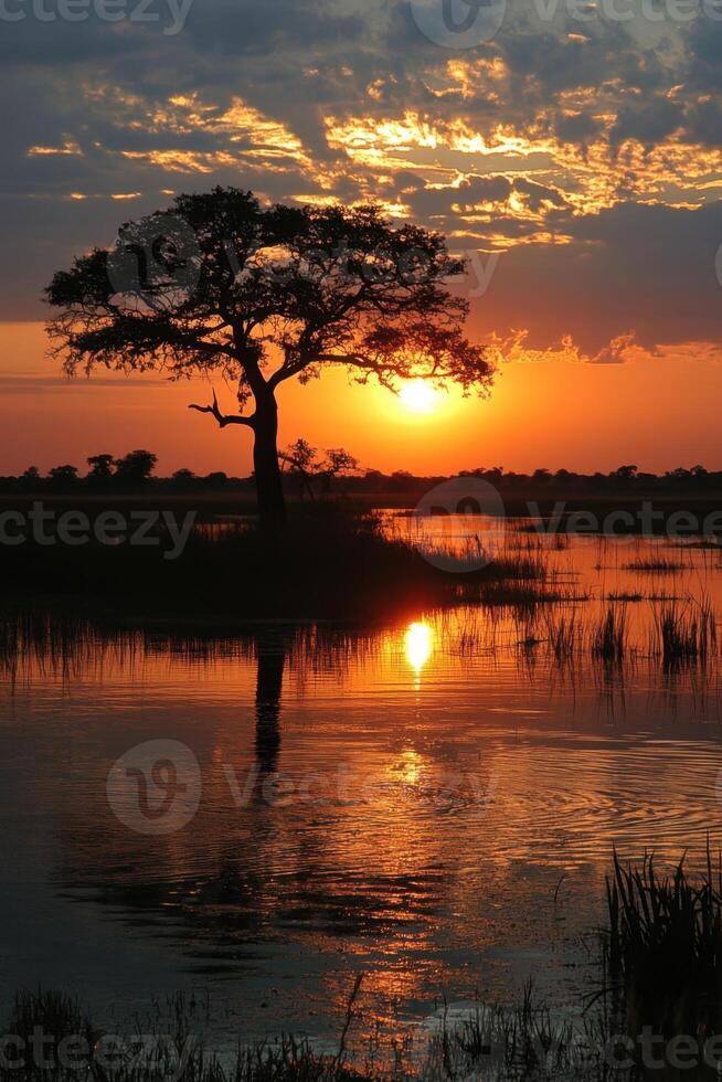 Tree silhouette reflects in water during sunset. Sky has clouds. Orange light from sun is beautiful. Nature scene is tranquil. photo