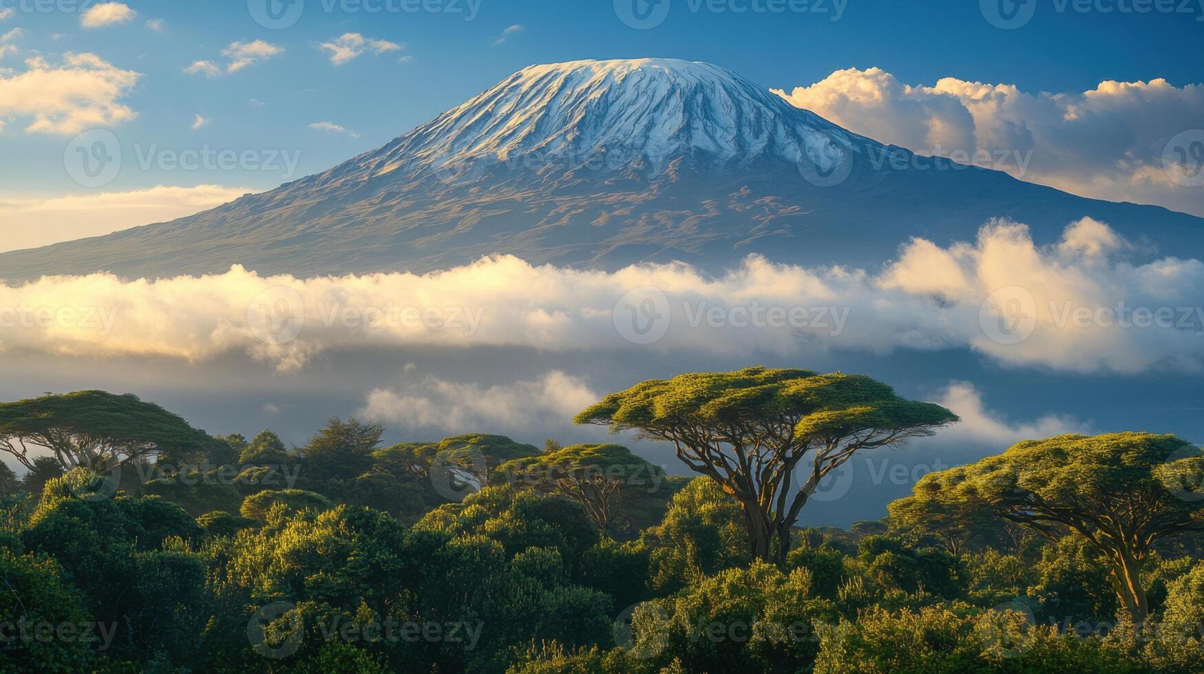 Big mountain with snow top. Green trees in foreground. Clouds below the peak. Blue sky above mountain. Scenic and impressive landscape. photo