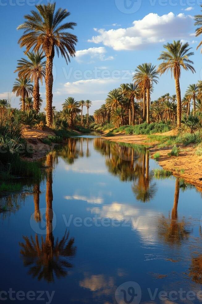 Palm trees reflect in water. Tranquil scene showing trees and blue sky with clouds. Peaceful landscape with plants. Nature reflected in water. photo
