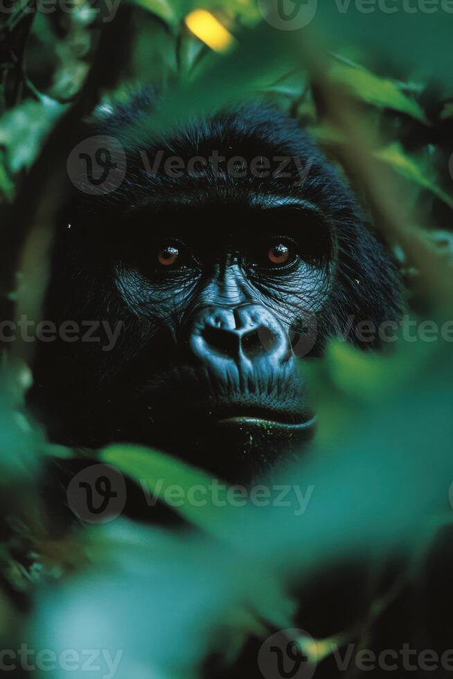 Gorilla portrait. Wild animal looking at camera through green foliage. Head shot of a primate. Peaceful ape in its natural habitat. Jungle foliage background. photo