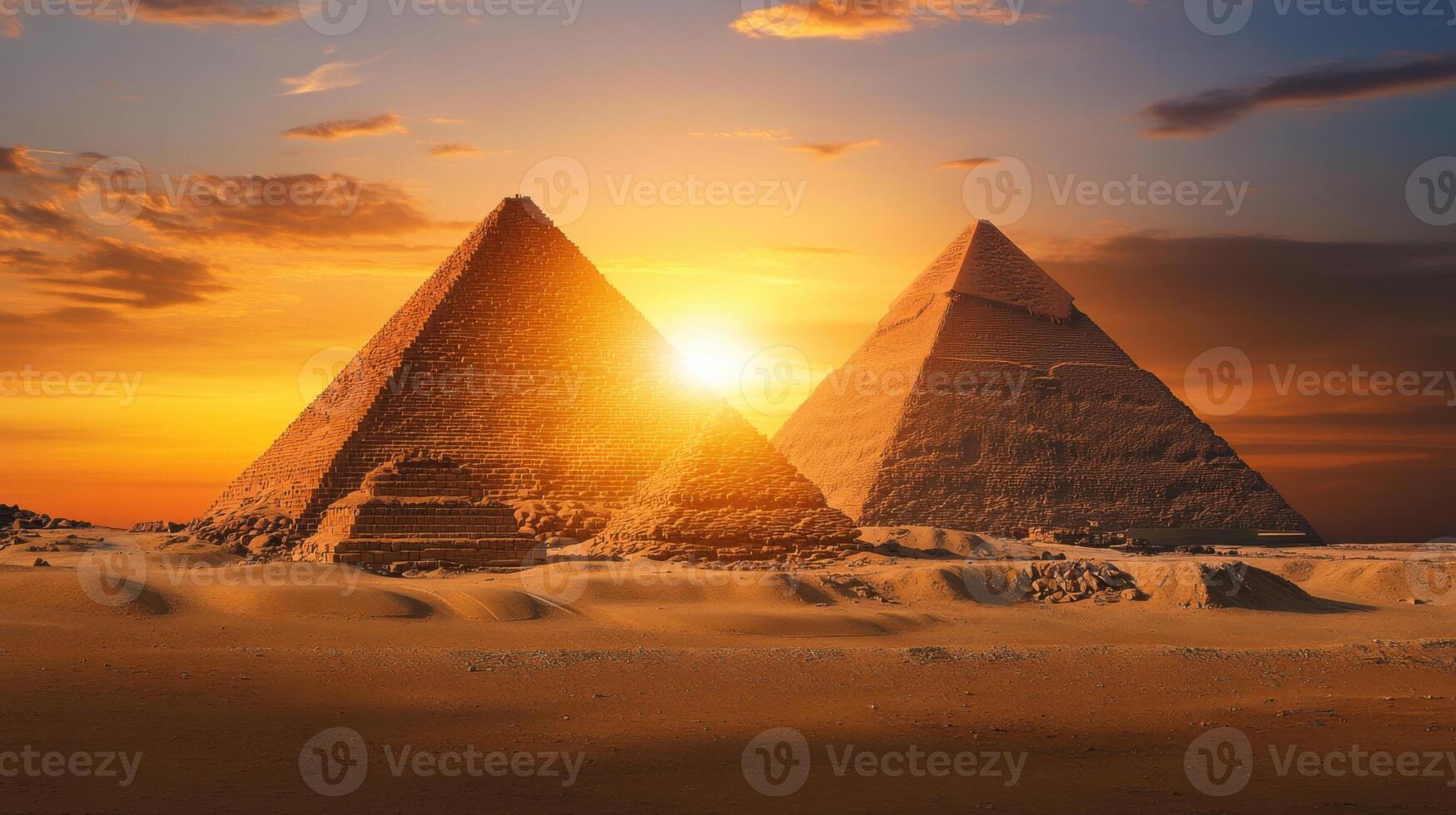 Stone pyramids sit in sand. Sun shines bright. Sky turns orange. Light touches tips. Big structures stand tall. Simple shapes form. Ancient wonder shows. photo