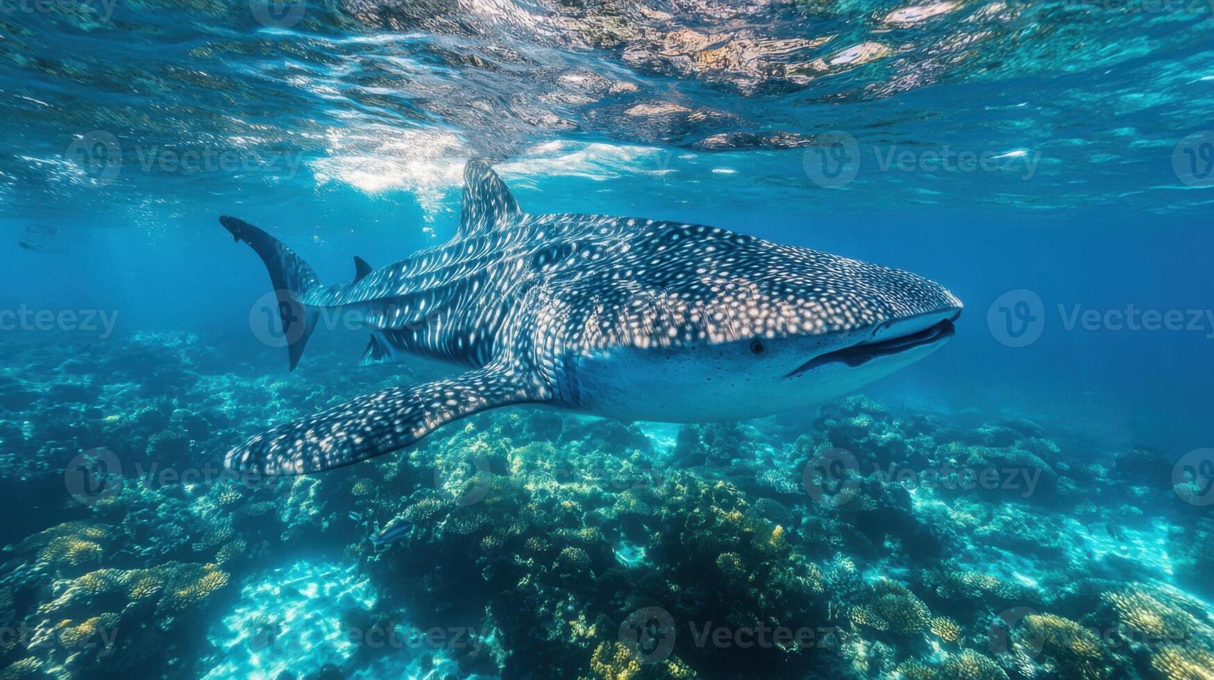 Whale shark swimming in the ocean. Big fish under water. Marine animal near coral reef. Wild sea life in blue habitat. photo