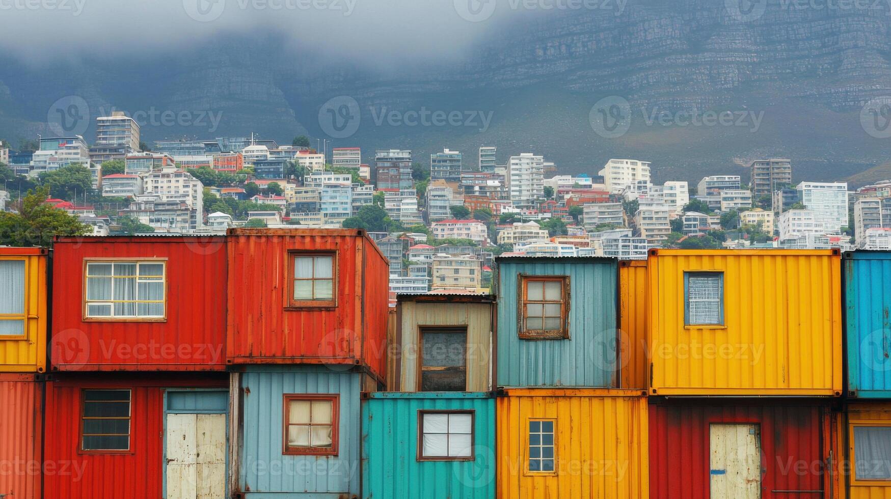 Colorful containers stacked. City buildings and mountain background. Simple architecture. Many windows and doors. Bright colors. Container homes or offices. Urban scene. photo