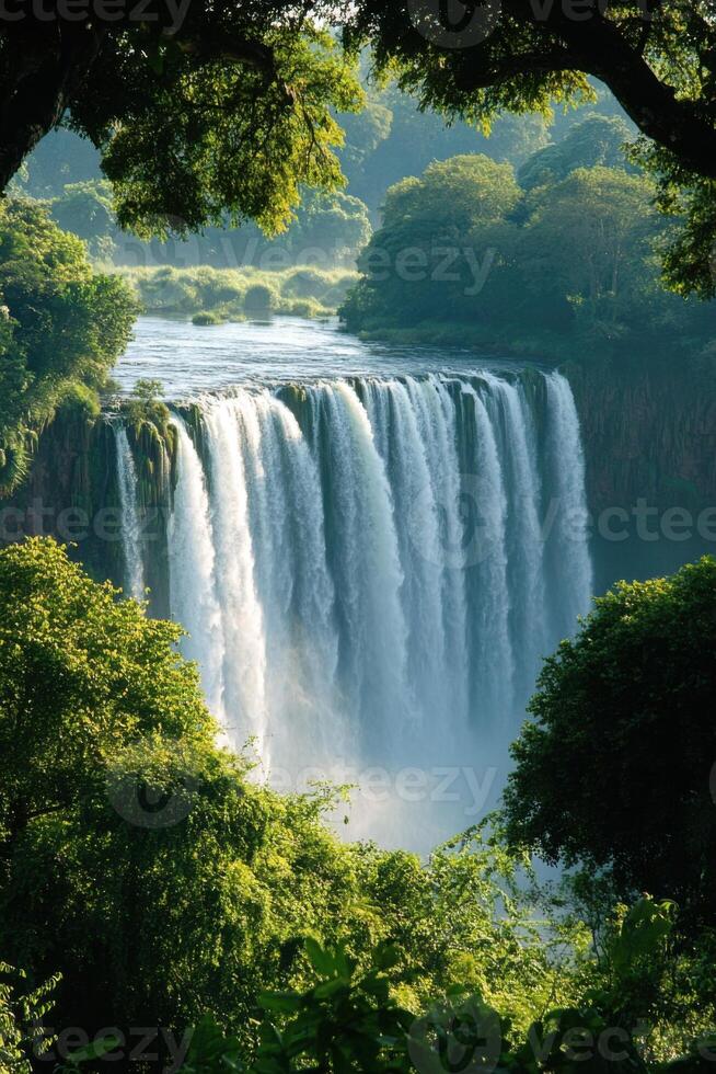 Waterfall scene. Water falls down rocks. Green trees around waterfall. Nature and landscape. Fresh water in summer. Clean environment. Clear river view. photo