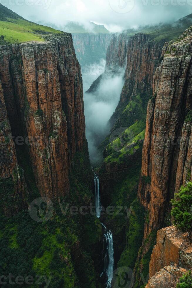 Tall canyon with waterfall. Cloudy sky over steep rocks. Green grass on cliff face. Scenic view of landscape with natural mountain valley. photo