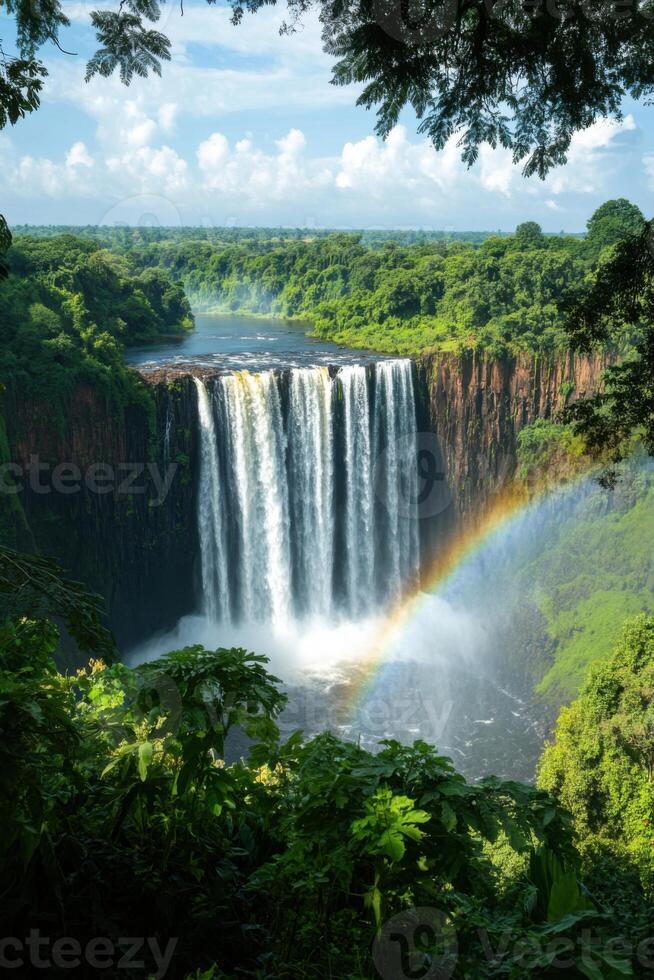 Waterfall plunges down with rainbow colors. Green trees and plants. Landscape of nature and water. Dramatic scene with river. Scenery with rock cliffs. photo