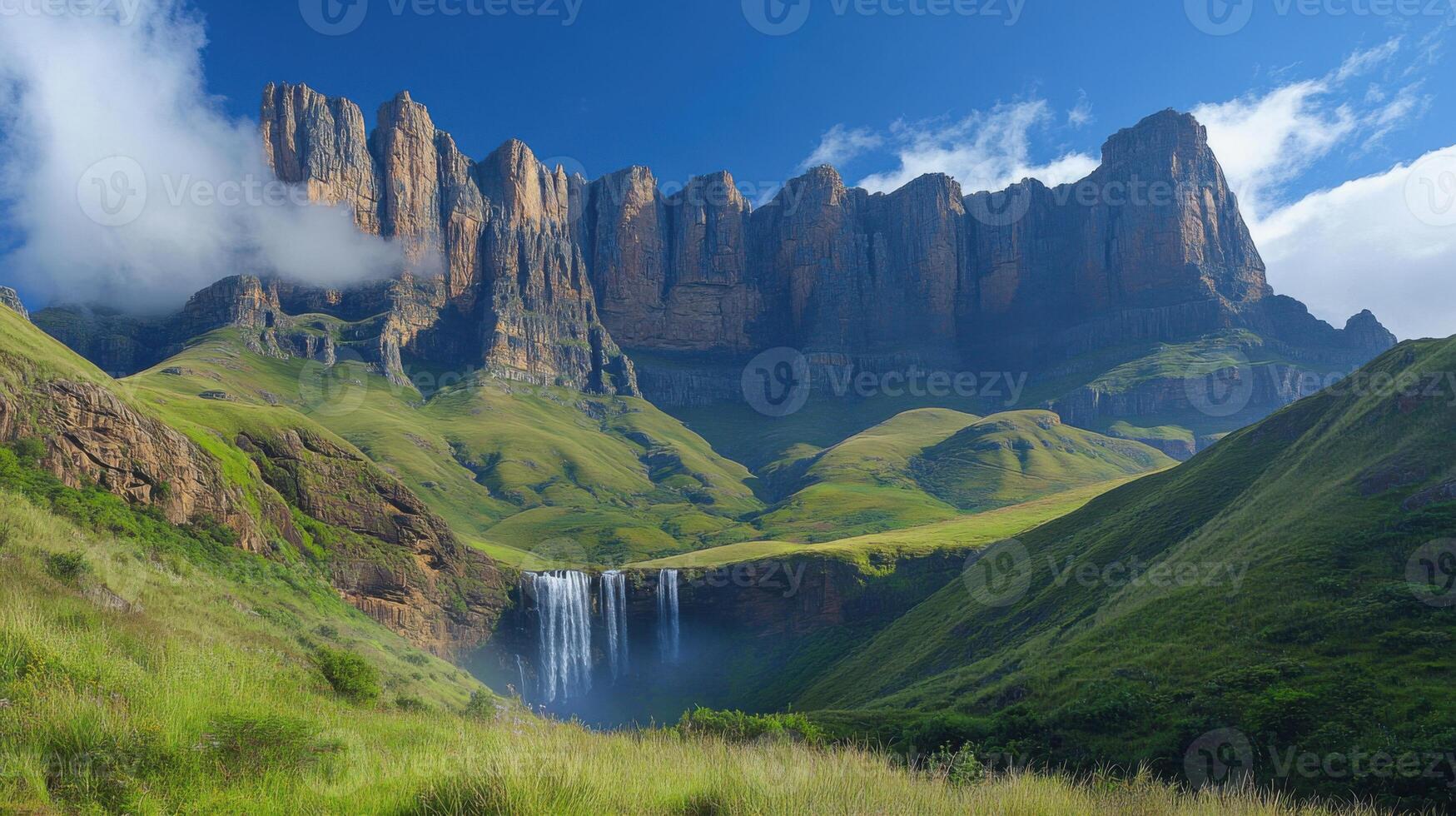 Mountain peaks rise behind green valley. Water cascades down rocks forming waterfall. Scenic landscape view of nature in bright sunlight under blue sky. photo