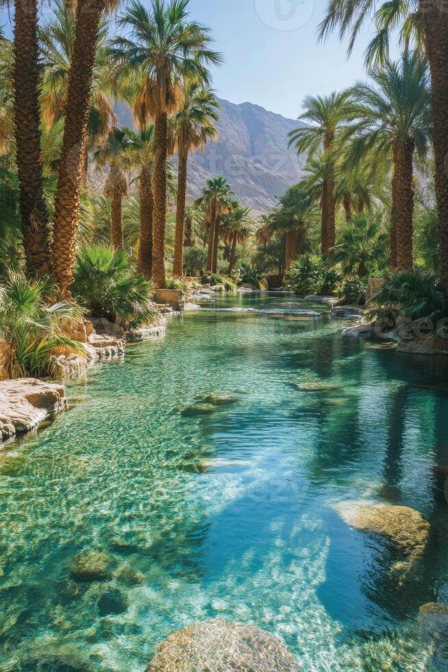 Palm Trees stand at edge of clear blue river. Sunlight glistens on the water and rocks. Mountain is in the background. photo