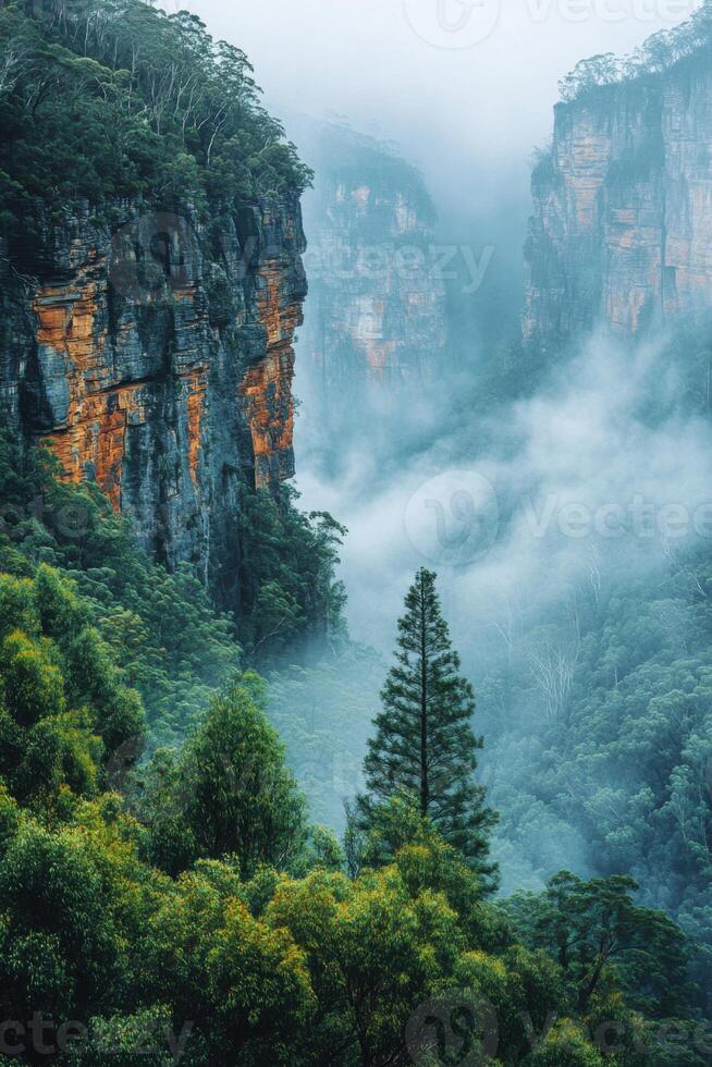 Mountain cliffs view. Mist rises through trees. Blue rocky wall landscape. Green forest foreground. Cloudy valley scene. photo