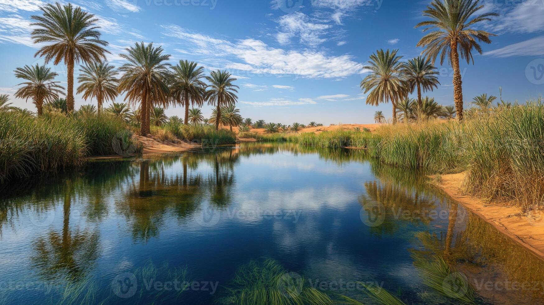 Desert oasis. Palm trees surround water. Clear blue sky is visible. Reflections on the calm surface. Reeds grow near sand. photo