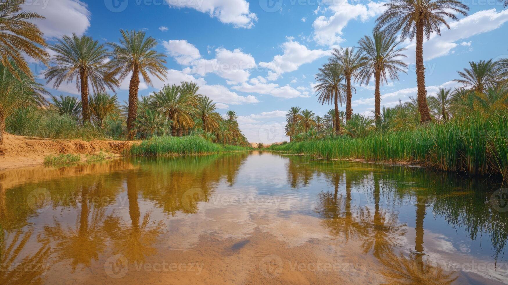 Desert Oasis View. Water Reflects Palm Trees. Blue Sky with Clouds. Tranquil Scene. Arid Landscape. River flowing. Palms in the Middle East. photo