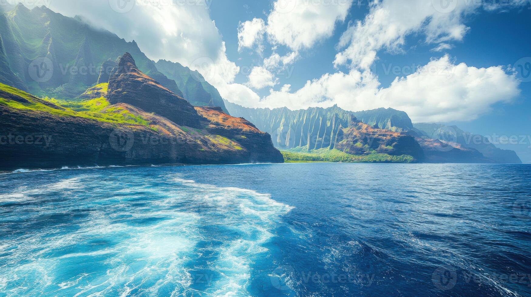 Ocean view of green mountain range. Blue water and cloudy skies. Scenic landscape. Island nature. photo