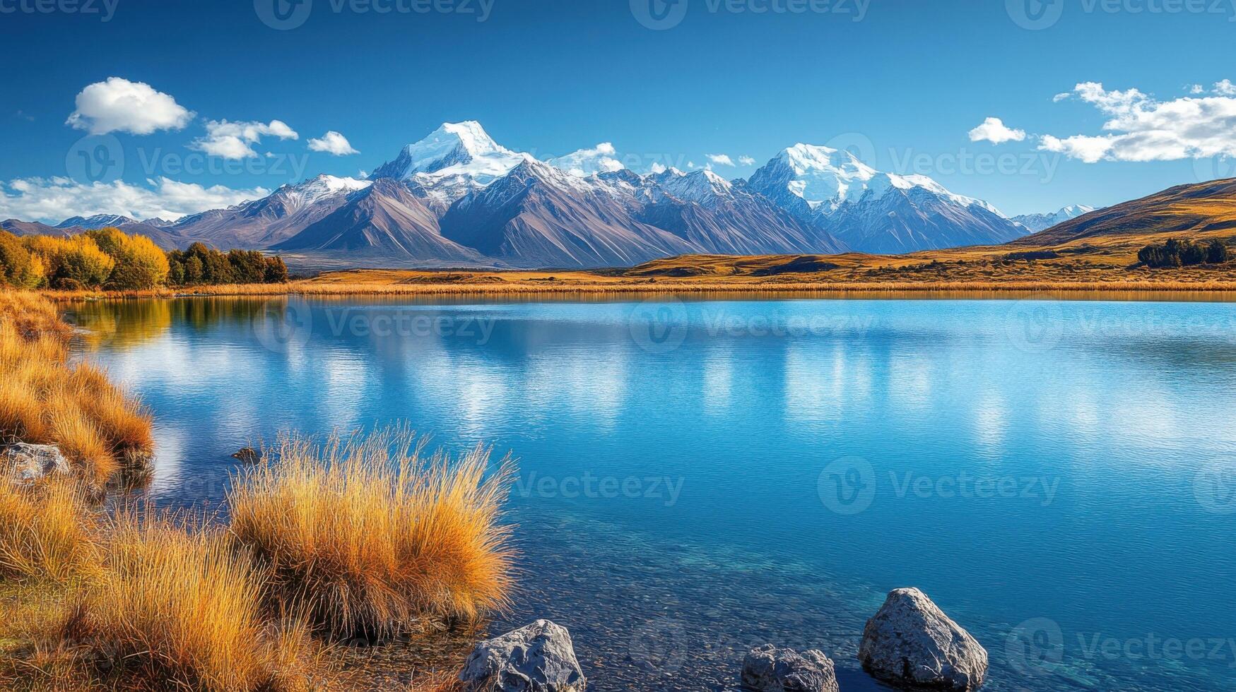 Mountain lake view. Snow capped peaks reflecting in calm water. Clear blue sky with few clouds. Nature landscape background. photo