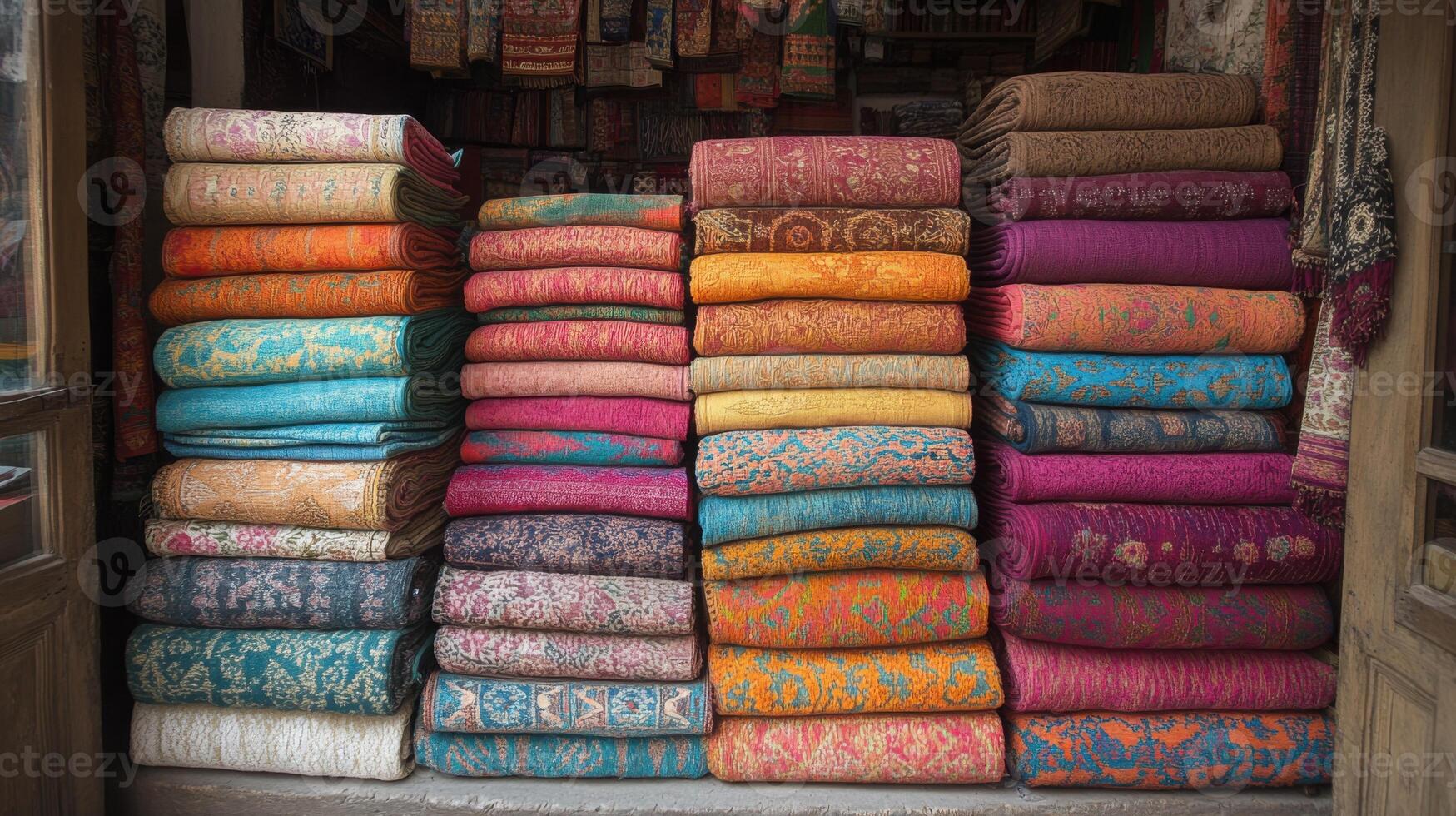 Folded Fabric Stacks. Colorful Cloth Display. Textile Shop. Various Patterns. Vibrant Colors. Stacks of Textiles. Detailed Patterns. Large Piles. Blanket and Linen photo