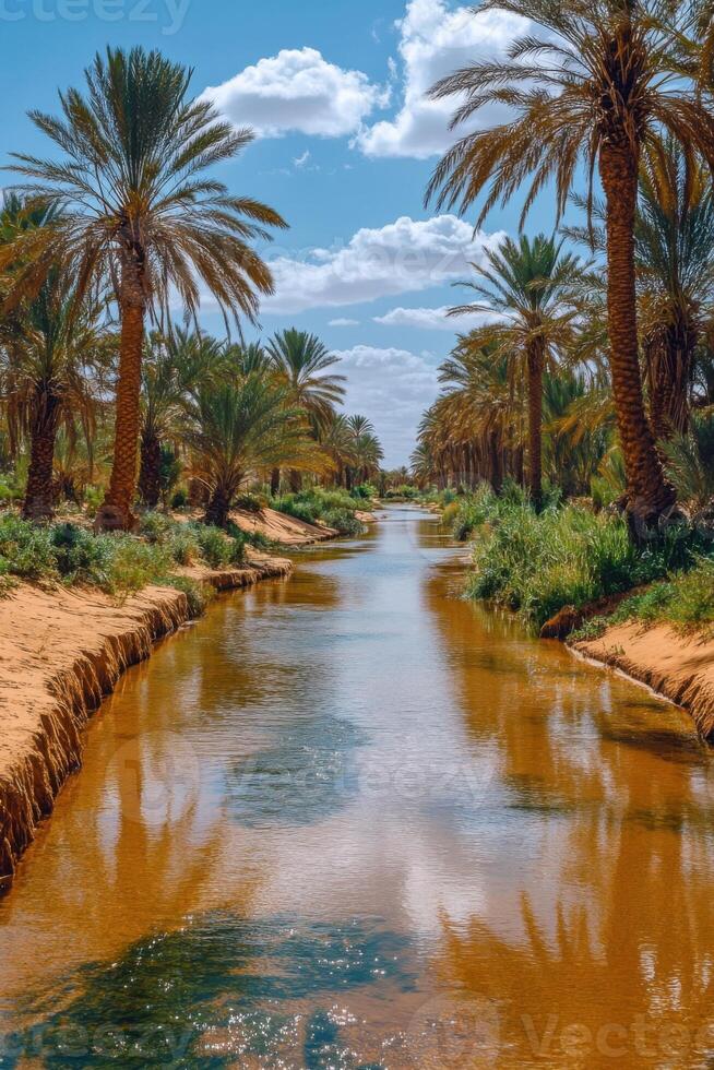 Palm trees line the water stream. Blue sky and clouds above. Exotic nature scene. Reflection of palms in water. Desert landscape. photo
