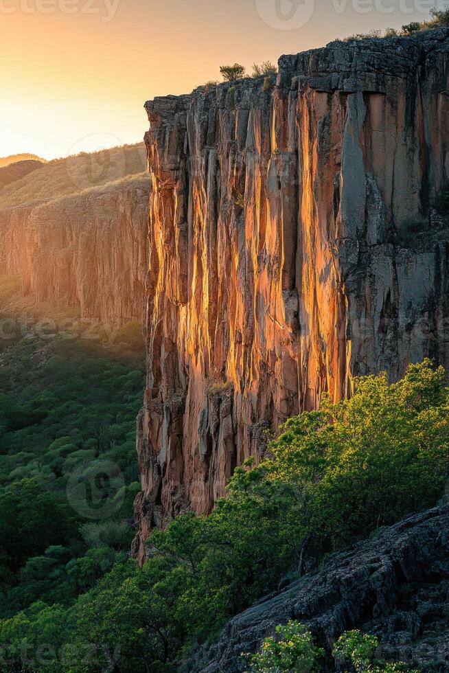 Cliff face in warm light. Tall rock wall with green trees. Forest below large rock formation. Outdoor landscape view in daylight. Natural textures with color. photo