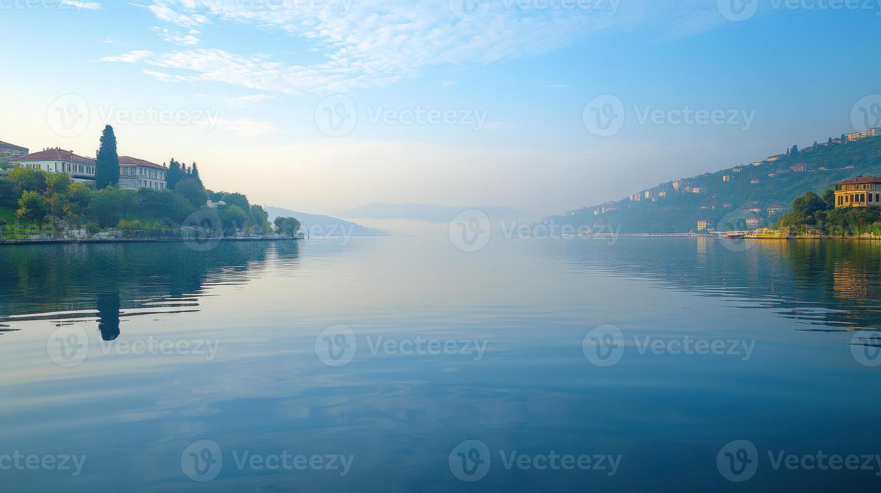 Water view with hills and blue sky. Calm lake surface reflects trees and buildings in morning light. Peaceful nature scene with quiet mood. photo