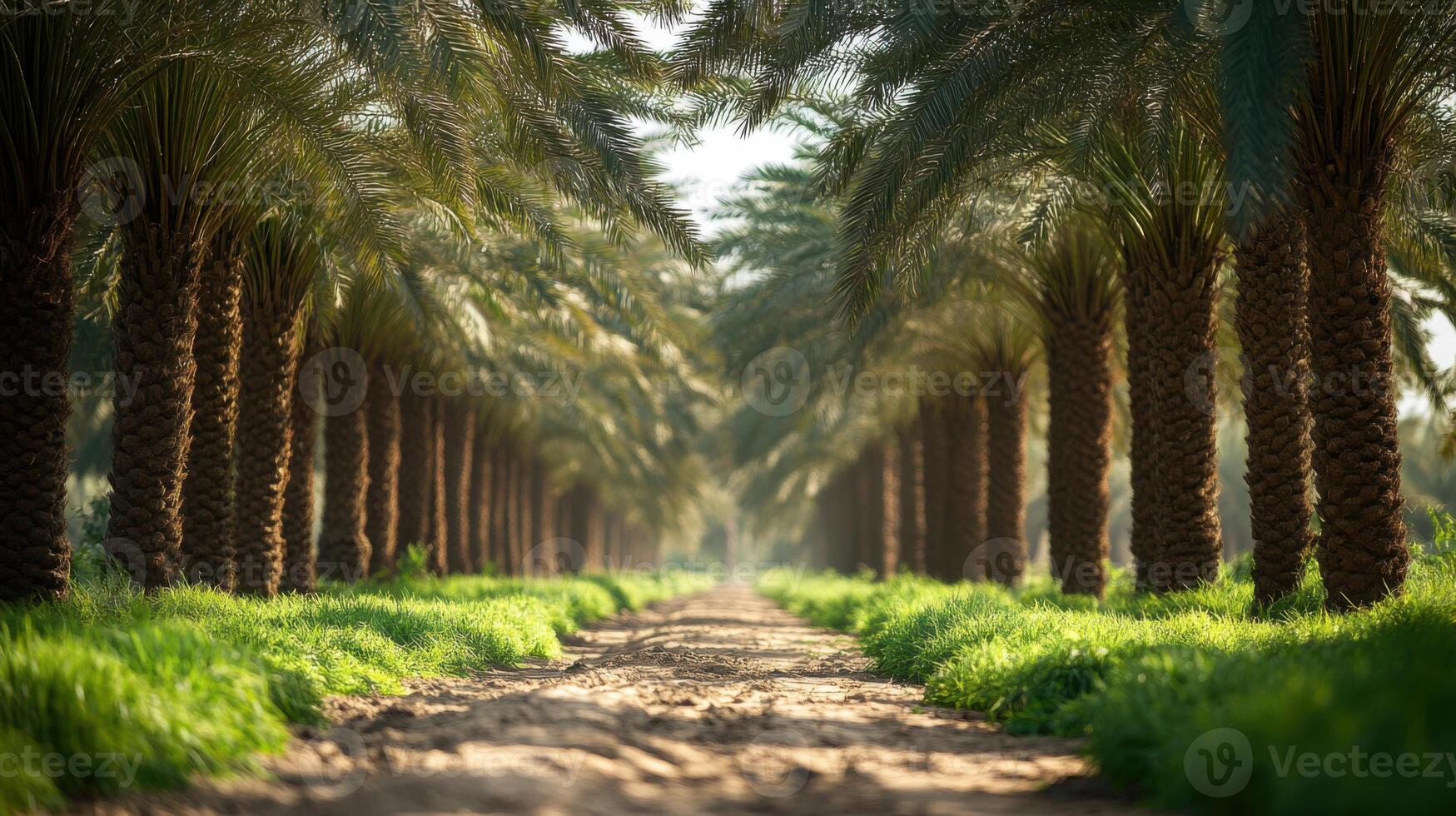 Palm trees line a path. Sunlight filters through branches. Green grass grows below. Nature scene. Rows of palms. Peaceful outdoor image. Landscape photography. Summer day. photo