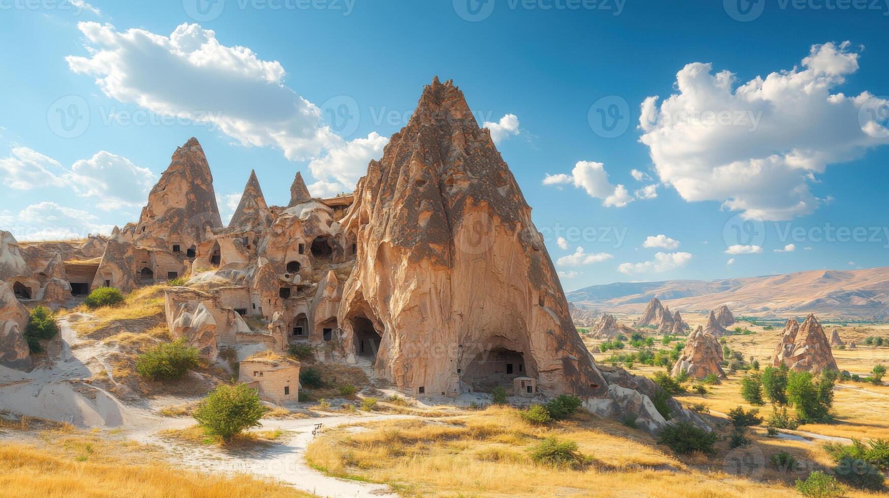 Strange rocks landscape. Stone mountains with openings under blue sky. Dry grass field and rock formations on a sunny day. photo