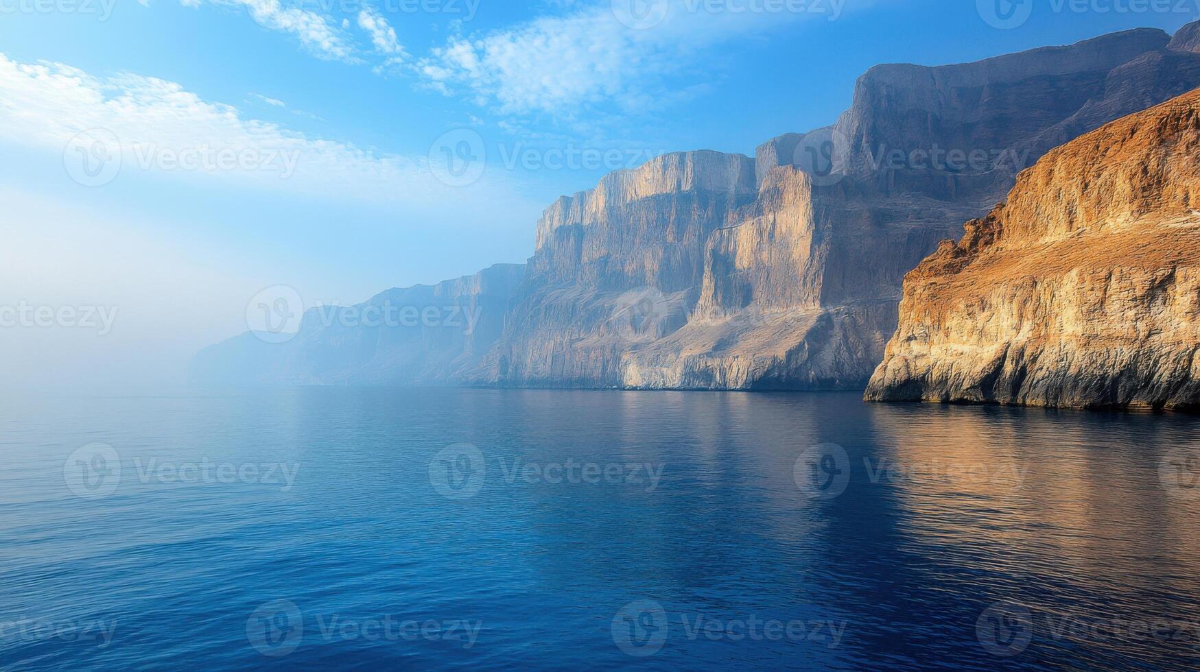 Ocean scene with cliffs. Calm water on rocks. Peaceful seascape at daytime. Blue sky above the landscape. Morning light on the mountain. photo