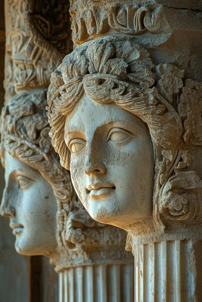 Stone carving of faces. Ancient columns. Female sculpture detail. Architecture in the sun. Carved stone faces decoration. Ornament on old pillars. photo