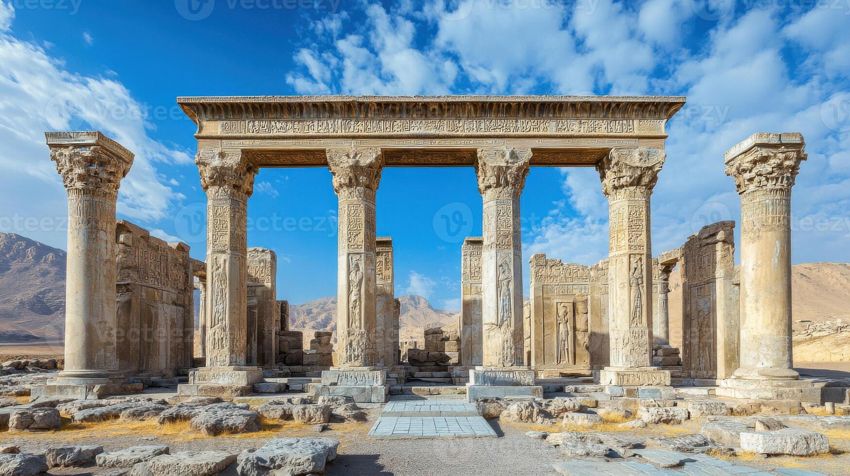 Stone Ruins under Blue Sky. Ancient Temple Columns stand tall. Carved stone with details. Historical landmark in a desert region. Old architecture remains present. photo