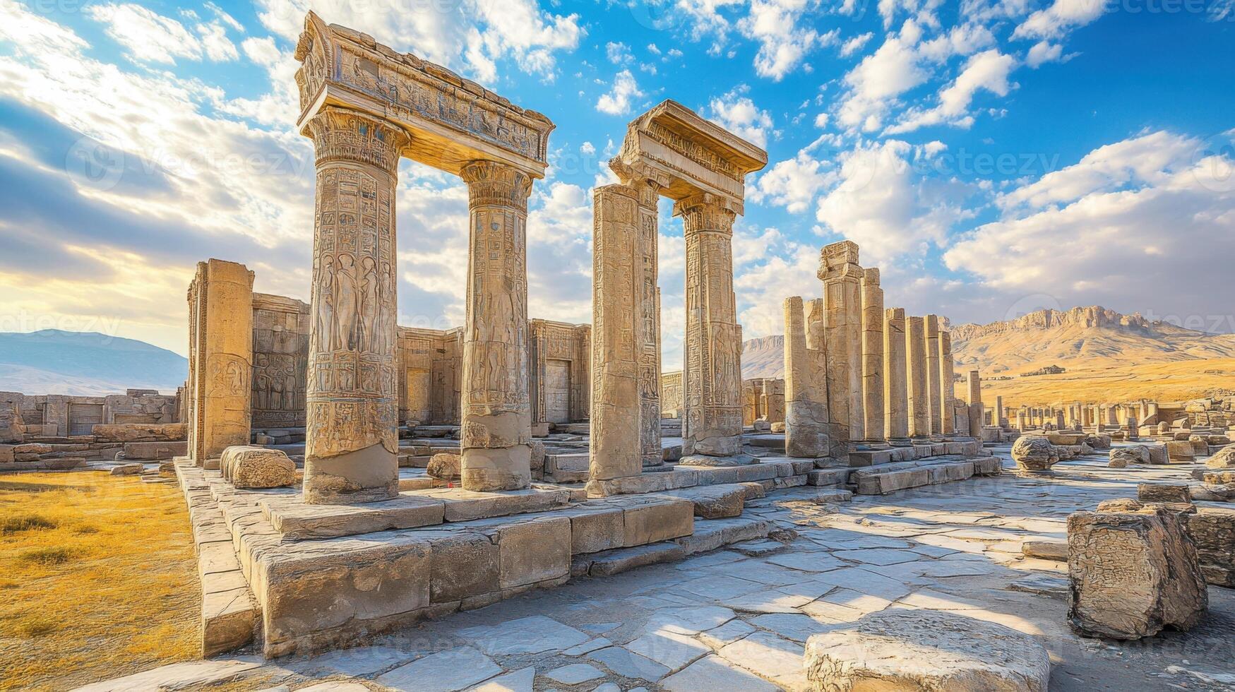 Stone ruins stand tall. Old columns rise into the blue sky. Grass and mountains lie behind. Remains of ancient architecture. Historic place stands in sun. photo