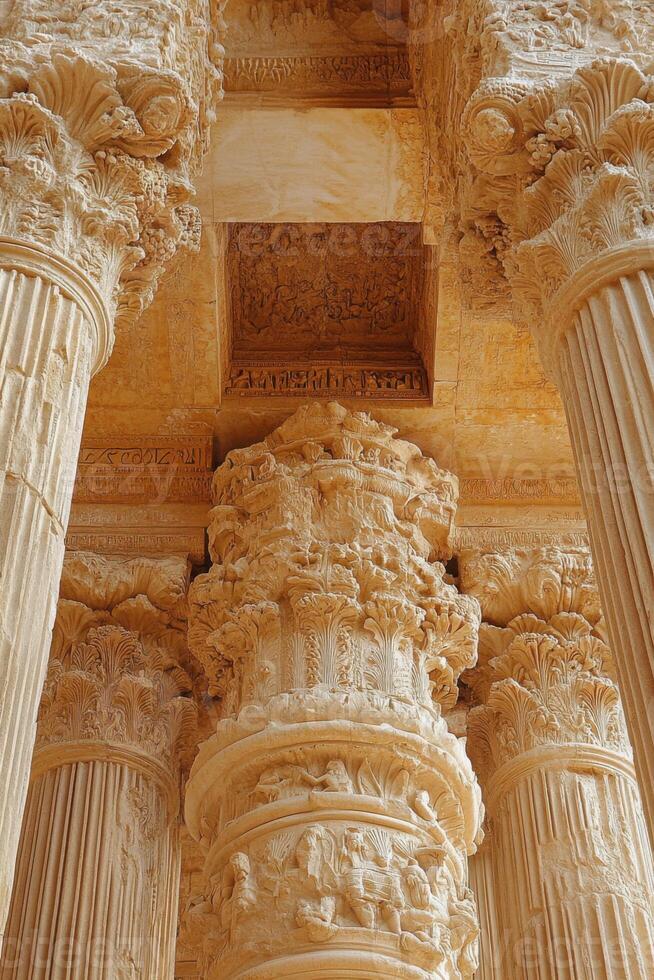 Stone columns rise. Old ornate architecture. Ancient building details. Carved decorations. Pillars hold ceiling. Tall textured stone structure. Ancient style. Architectural history in stone. photo