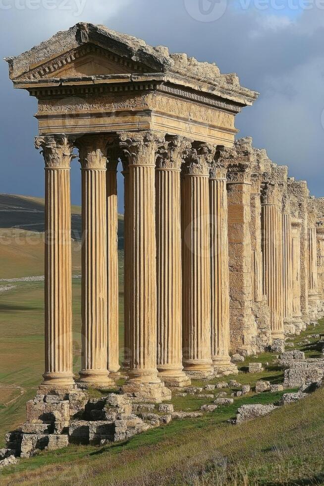 Old stone building. Row of pillars stand tall. Temple ruins on hillside. Architecture and sky. Historic building with many columns. photo