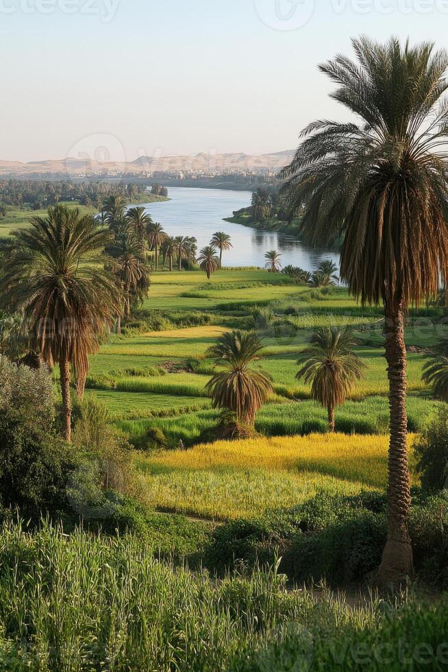 Palm trees over fields near river. View of countryside with river and vegetation. Quiet scenic landscape with trees and greenery. photo
