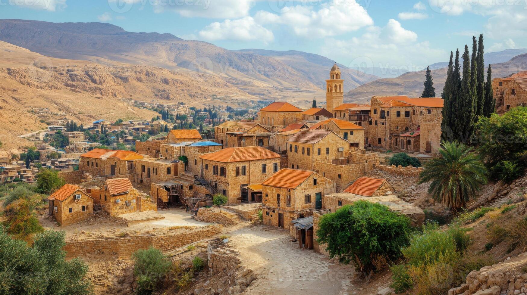 Stone Village in Desert Valley, Tall Tower, Red Roofs, Green Trees, Mountain Backdrop, Scenic View, Village in Valley photo