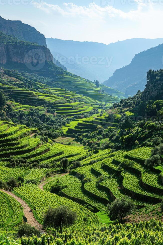 Green fields in valley. Farm landscape in mountains. Sunny scenic hills. Countryside view. Natural outdoor setting. photo