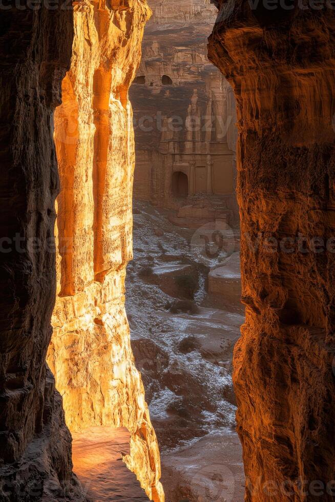 Rock walls frame canyon view. Stone tomb is visible. Sunlight illuminates pathway. Desert landscape and textured rock formations create interesting perspective. photo