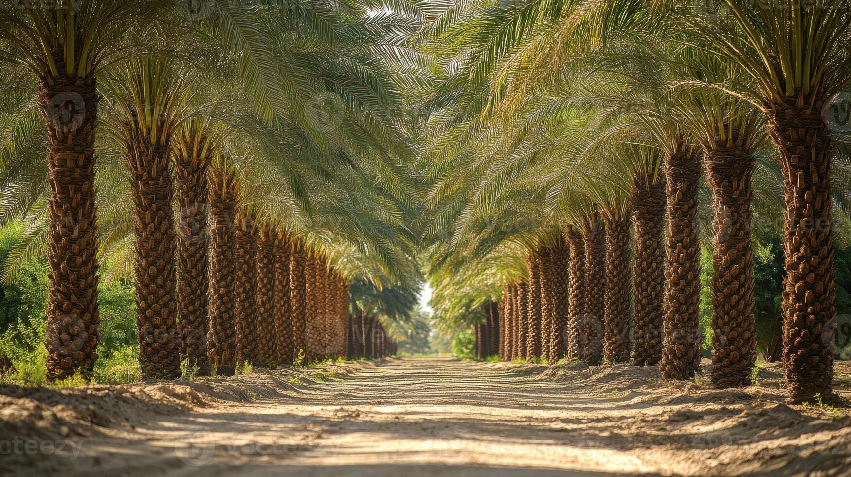 Palm trees line a dirt road. Green fronds extend over the path. Long row of trees on a warm sunny day. Natural scene. photo