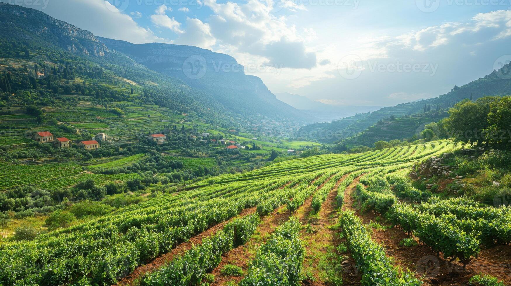 Vineyard rows grow on hillside. Green plants on farm. Mountain view with cloudy sky. Valley scenery with sunshine. Peaceful landscape. photo