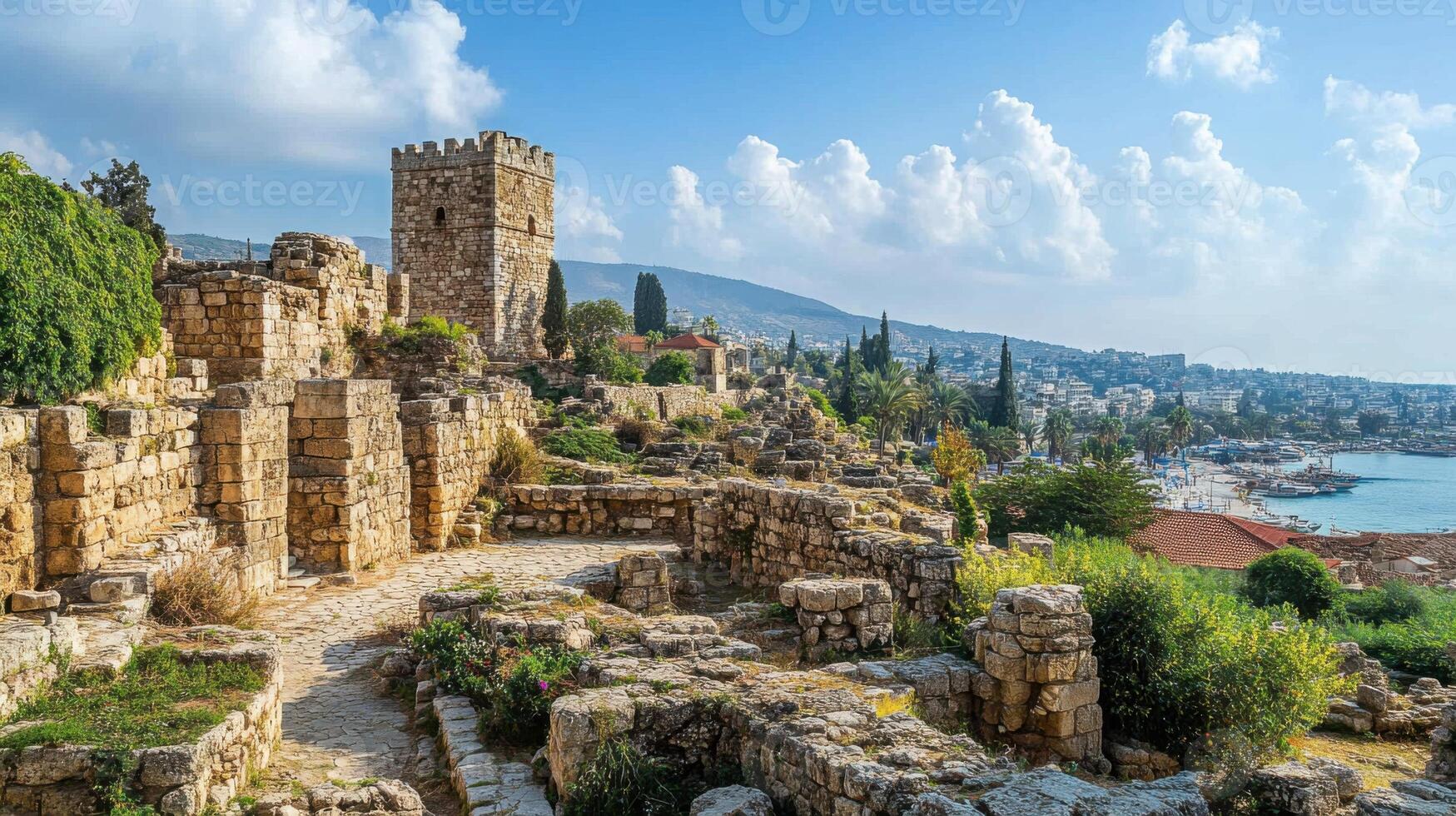 Old stone ruins under sunny sky. Ancient architecture with a tower overlooks harbor. Green plants growing on the crumbling walls. Travel scenery of building remains. photo