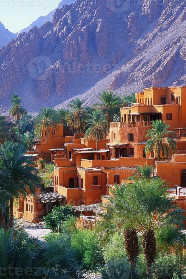 Desert village scenery. Simple earth buildings surround palm trees. Mountains rise in background. Warm sunshine illuminates the arid landscape. photo