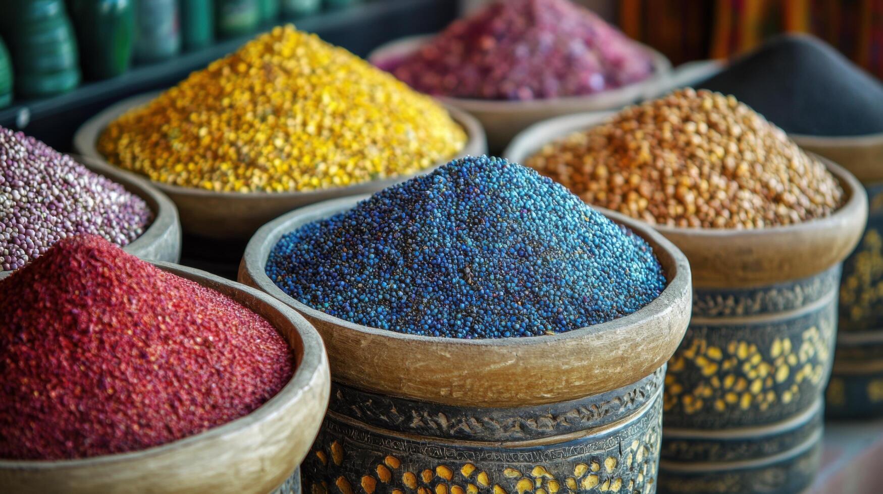 Bright Colorful Spices in Pots. Variety of Dry Seeds and Herbs. Aromatic Colorful Ingredients. Many different colors of seeds. Grouped colorful spices. photo