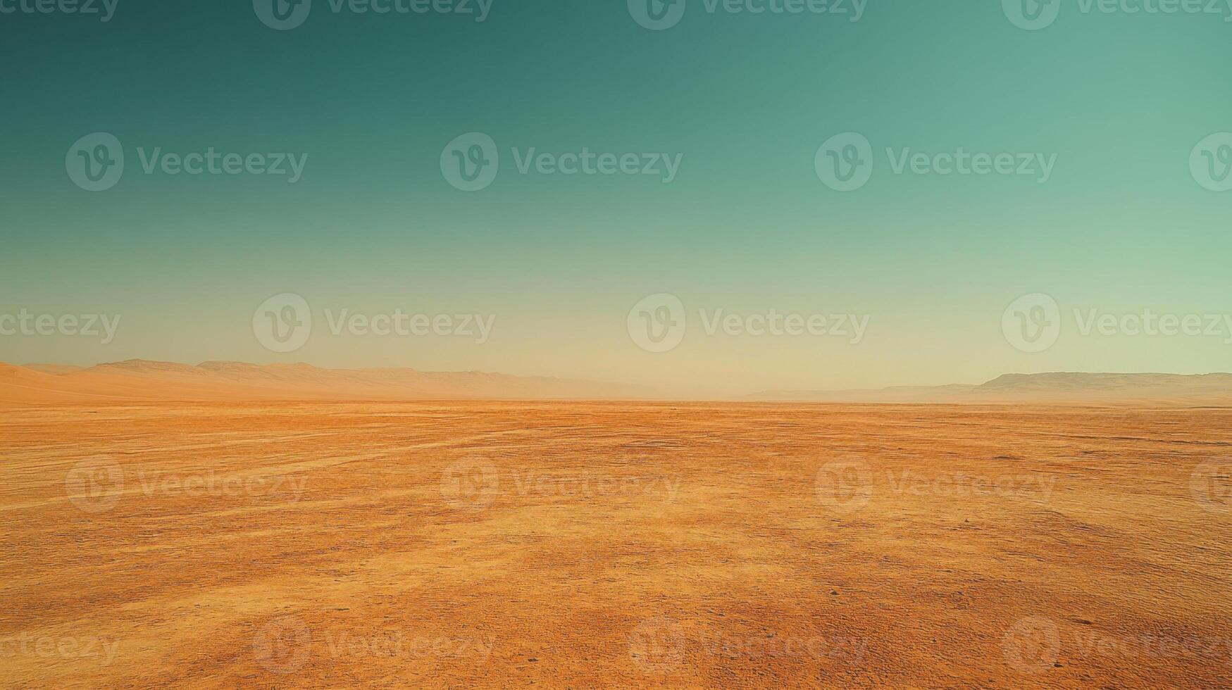 Desert landscape view. Arid land and clear sky. Horizon of dry plains with mountains. Sand texture and background. Natural earth tone and color. photo
