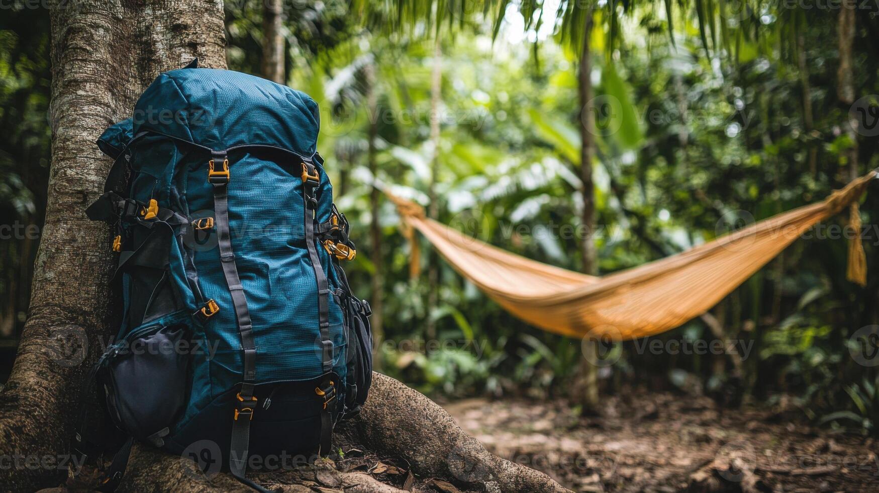 Backpack sits near tree with hammock in background. Travel adventure concept in a dense forest. Vacation planning or relax lifestyle. photo
