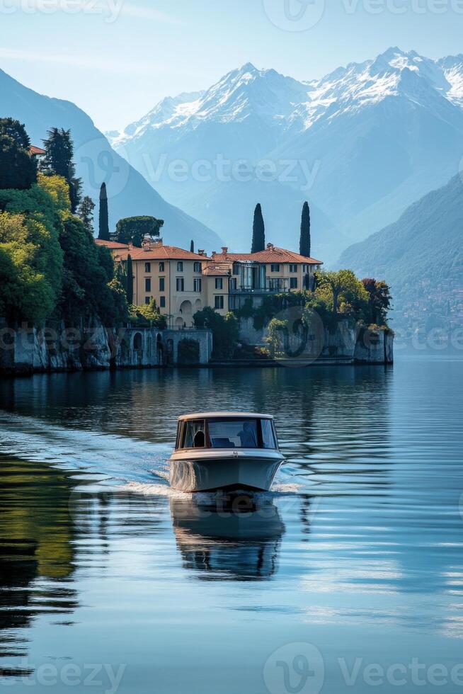 Boat sailing on lake water. Building stands on cliff. Mountains with snow in background. Sunny day. Water reflection. photo