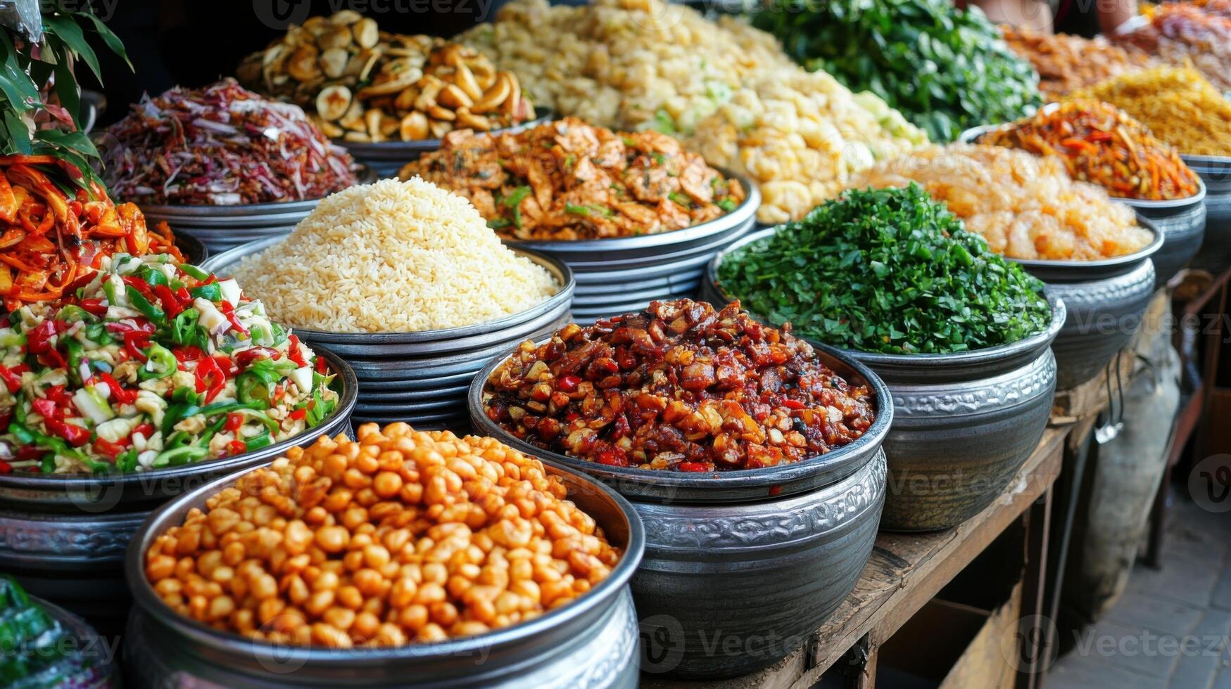 Food bowls full. Many colors. Fresh vegetables and grains. Market setting. Aromatic spices. Delicious cuisine. Variety of dishes. Tasty ingredients. Healthy eating concept. photo