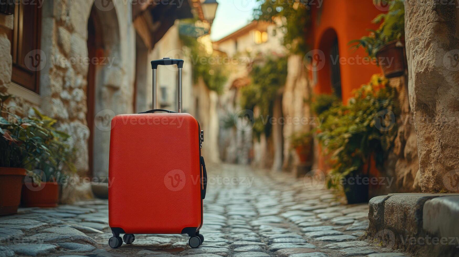 Red suitcase stands on old street. Vacation trip on paved road. Travel bag ready for holiday. Bright luggage ready for adventure. Trip planning concept. photo