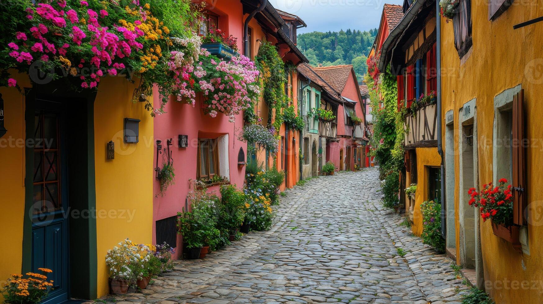 Colorful buildings line narrow stone street. Flowers grow along wall. Bright colours add character. Old town style. Walking through picturesque village. photo