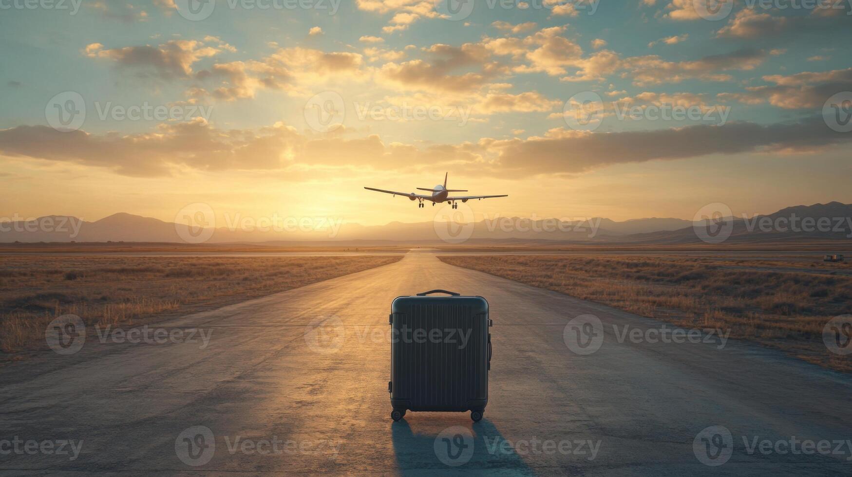 Suitcase on runway. Plane lands in distance. Sky with clouds. Road leads to airplane. Travel concept at sunset. photo