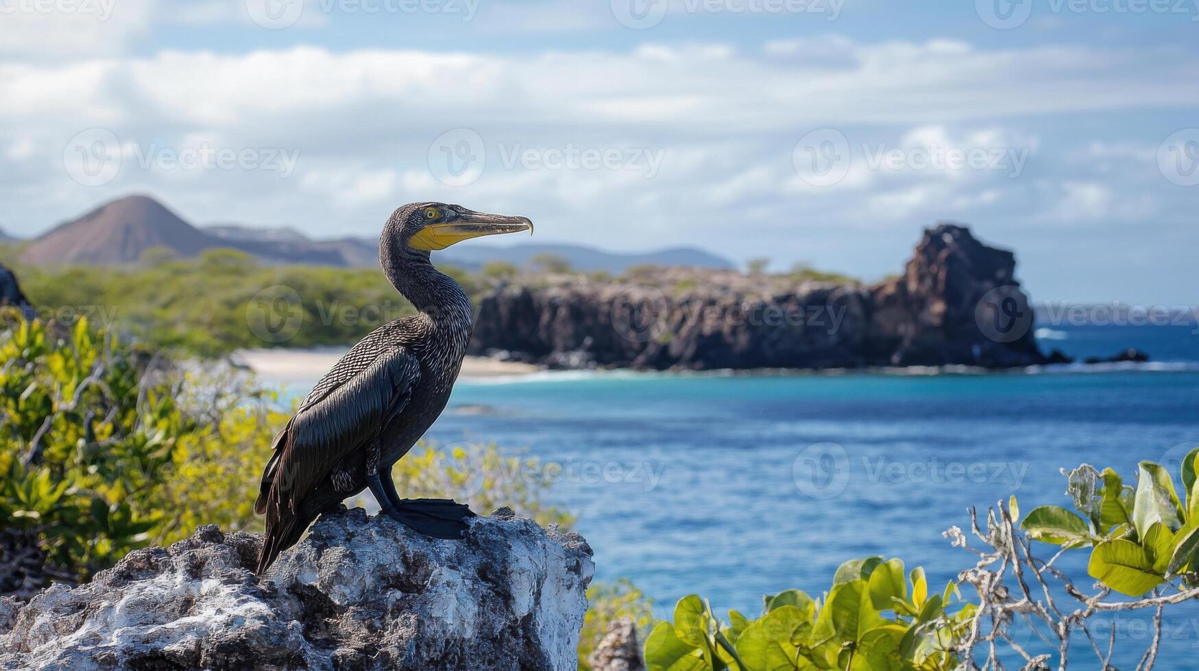 Dark bird stands on rock. Water and island background. Tropical landscape. Cormorant rests. Sea and mountain view. Bird on a cliff. Natural wildlife. photo