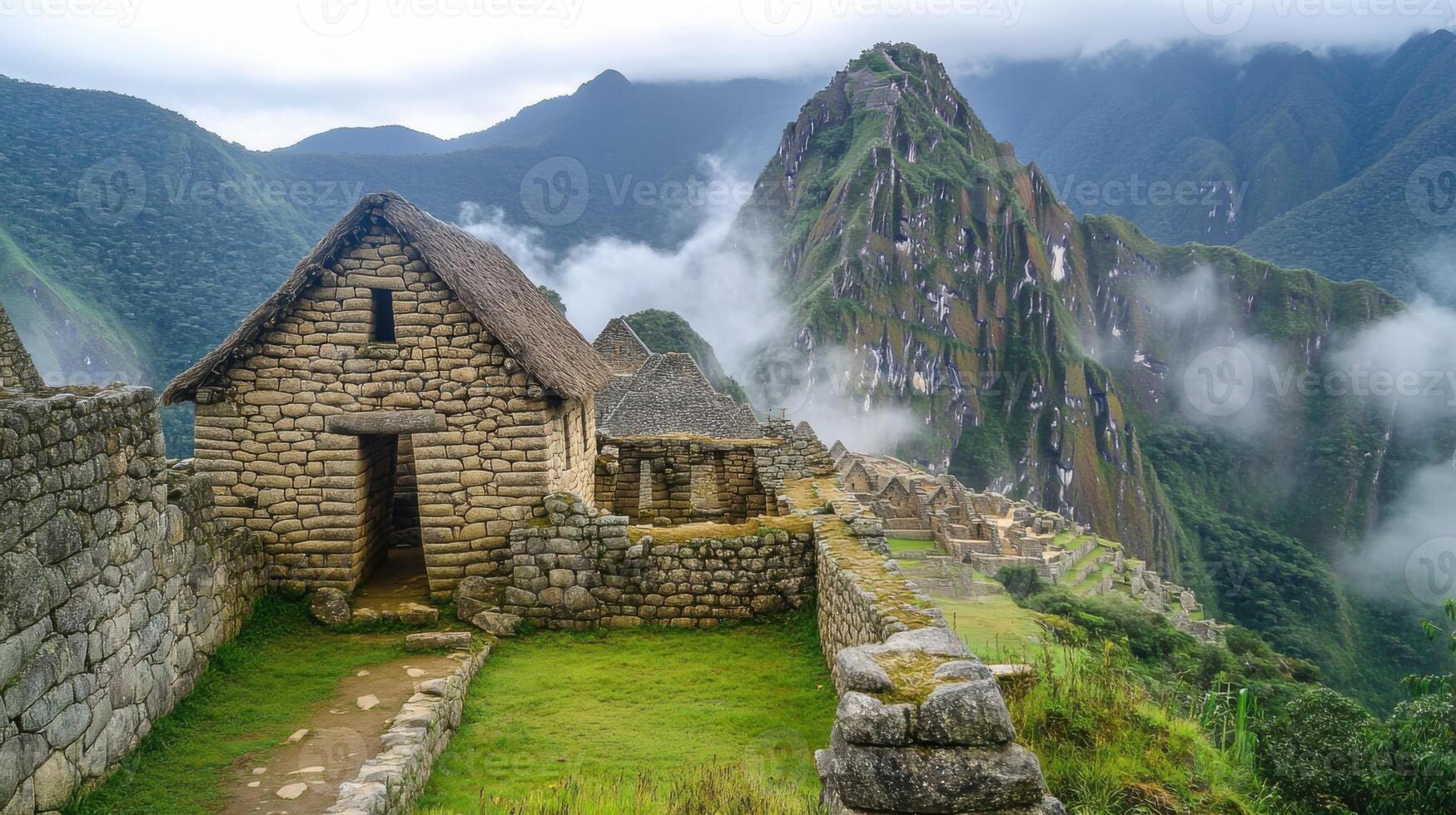Ancient stone building with grass and mountain in background. Old architecture, nature, and travel. Scenic landscape on a cloudy day. photo