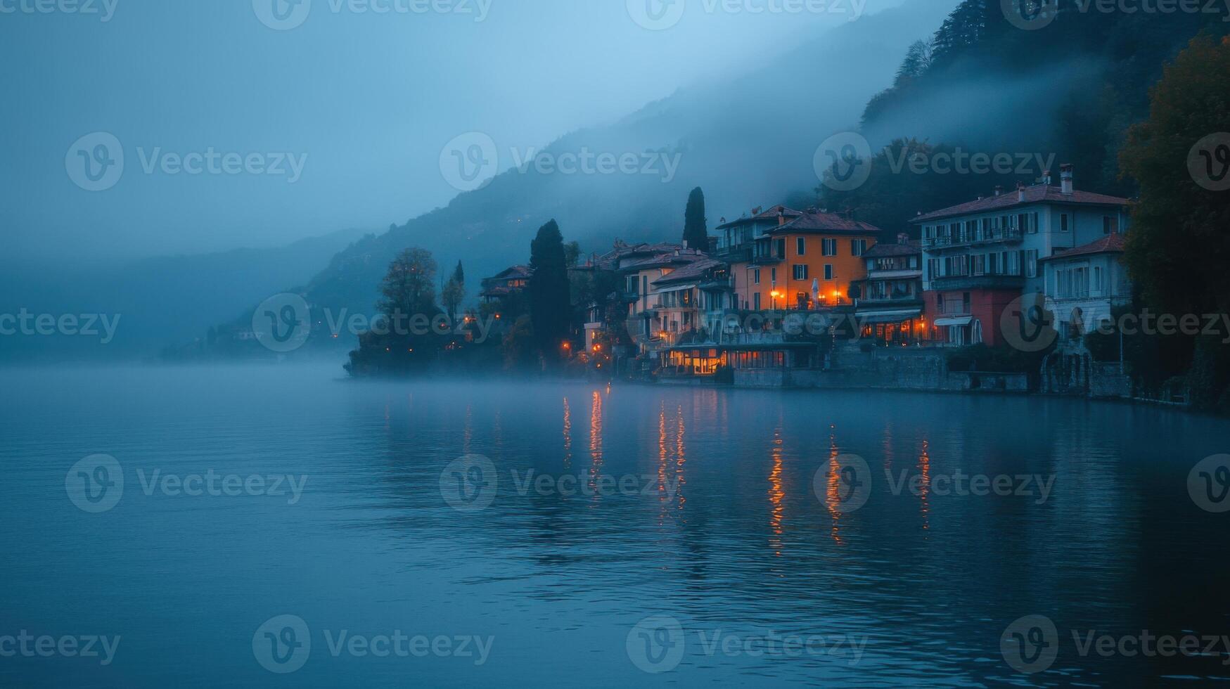 Lake town view. Buildings with lights glow in mist. Water reflects village. Calm landscape scene. Fog hangs over mountain. photo