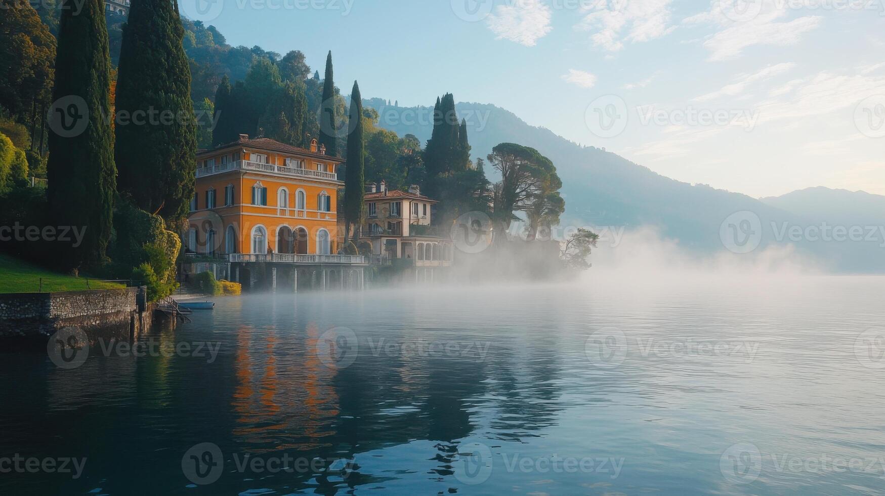 Lake house view. Villa near calm water. Scenic trees. Fog on the lake. Mountains in background. Tranquil scene. Peaceful lake landscape. Nature view. photo